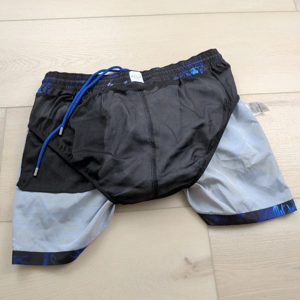 Paul Smith Botanical Print Swim Shorts Mens M Trunks Black Blue Beach Mesh Lined
